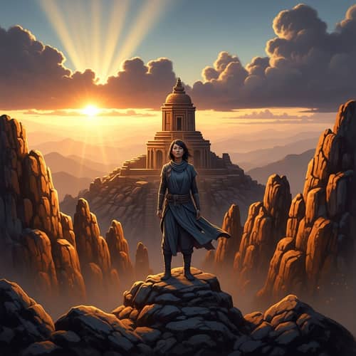 Stoic Sunset on Mountain Peak with Ancient Temple | Tranquil Landscape