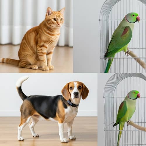 Tranquil Indoor Scene with Cat, Dog, and Parrot | Free Space