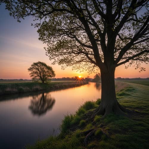 Tranquil Landscape with Resilient Oak Tree | Sunrise Symbolism