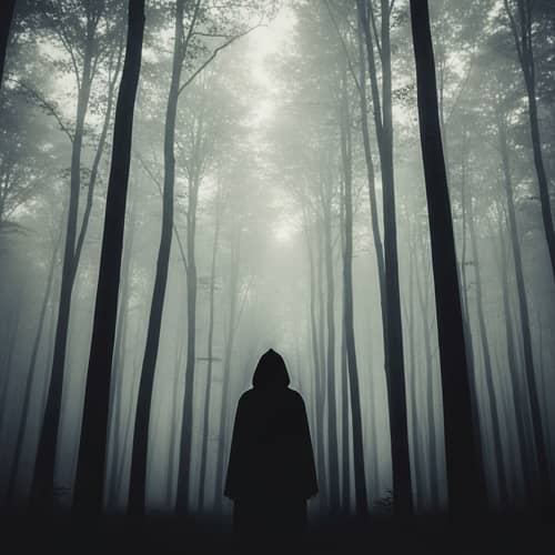 Mysterious Figure in Misty Forest - Gray Tones & Vintage Vibe