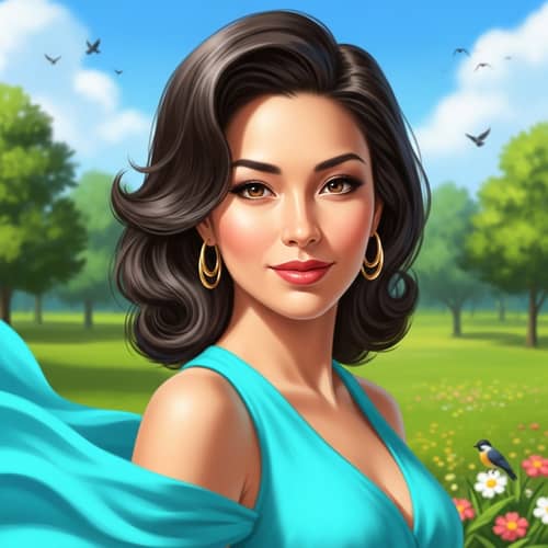 Hispanic Woman in Vibrant Turquoise Dress | Lush Green Park