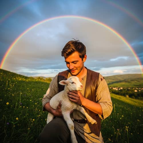 Sheep Being Cradled by Shepherd Under Colorful Rainbow