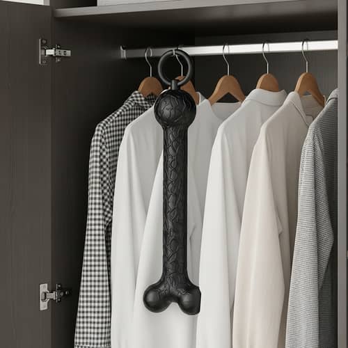Unique Black Tubular Item Hanging in Fitted Wardrobe | Brand Name