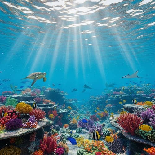 Underwater World: Marine Life and Corals in Sunlit Seafloor