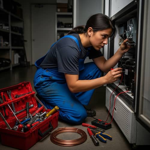Hispanic Refrigeration Repair Technician Fixing Refrigerator