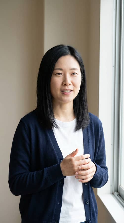 Calm Asian Woman in Blue Cardigan - 4K Photo