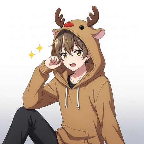 Anime Boy with Dark Blonde Hair in Reindeer Hoodie