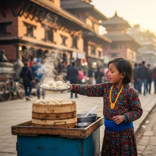 Charming Nepalese Girl Selling Traditional Momos in Kathmandu