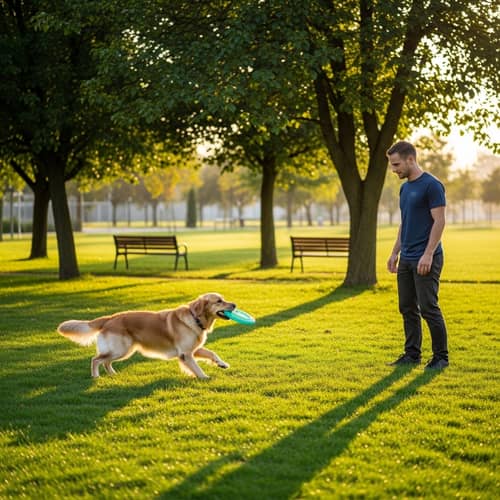Golden Retriever Fetching Training in Park at Sunset