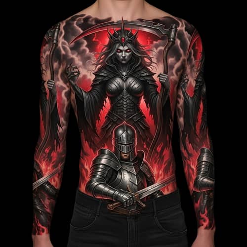 Reaper Girl and Knight Tattoo Sleeve Design: Mortality and Fate
