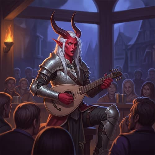 Fantasy-Inspired Tiefling Bard Digital Painting in Vibrant Setting