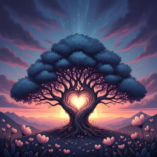 Surreal Landscape of Love: Gnarl Tree and Glowing Heart