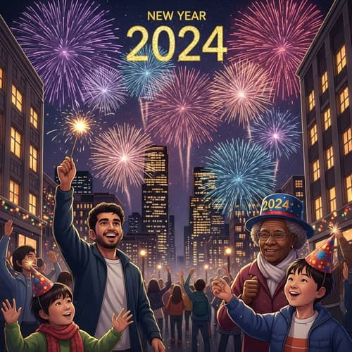 2024 New Year's Eve Celebration | Vibrant Fireworks & Diverse Crowd