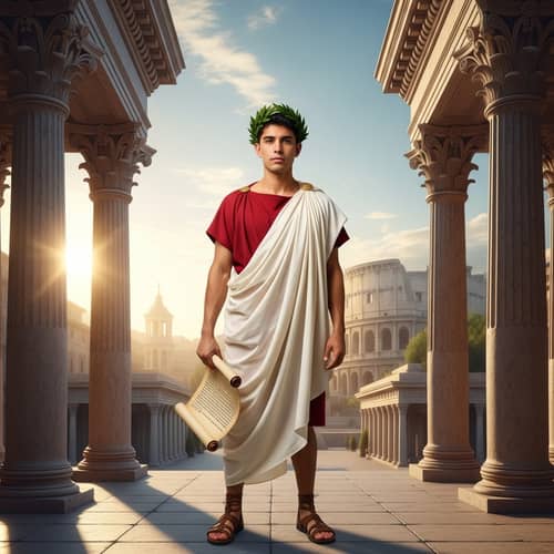 Hispanic Male in Roman Toga with Scroll | Classic Roman Setting