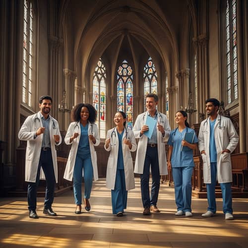 Diverse Group of Doctors Celebrating in a Gothic Church