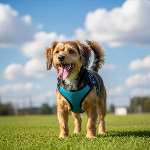 Playful Small Mixed Breed Dog on Grassy Field