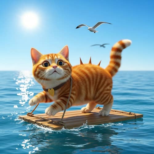 Adventurous Orange Tabby Cat Rafting in Azure Sea