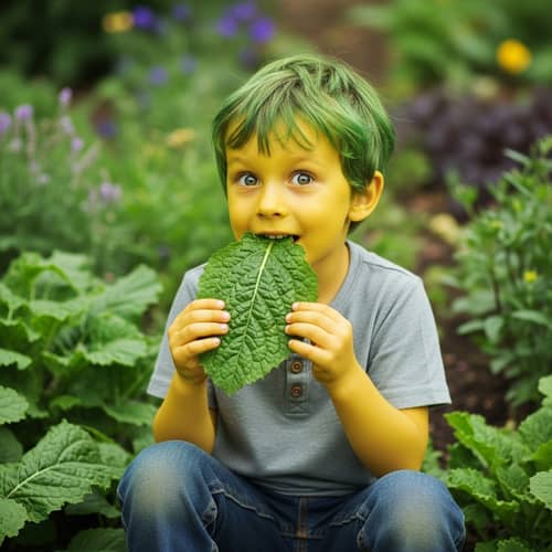 Vibrant Green-Haired Boy Enjoying Nature's Bounty with a Crunchy Snack