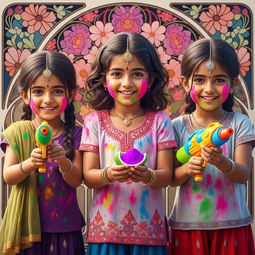 3D Artwork of Three South Asian Girls Playing Holi Festival of Colors