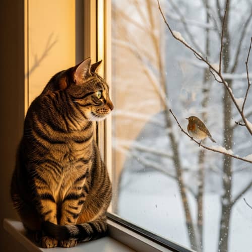 Cat Watching Bird Through Winter Window