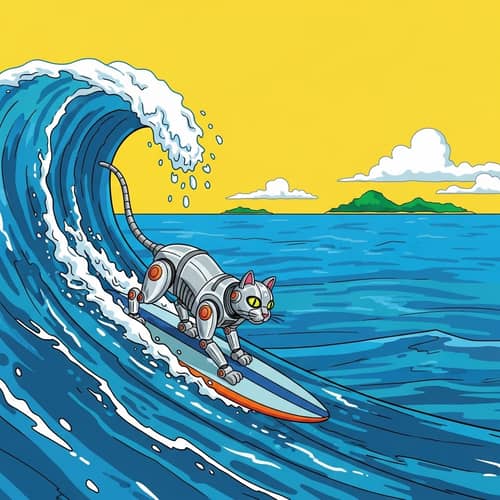 Robot Cat Surfing in Caribbean | Pop Art Style