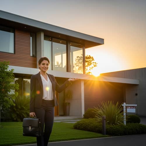 Confident Middle Eastern Female Realtor Selling Modern House