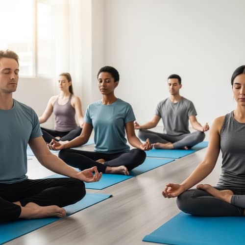 Diverse Individuals Practicing Yoga Mudras for Serenity | Yoga Studio