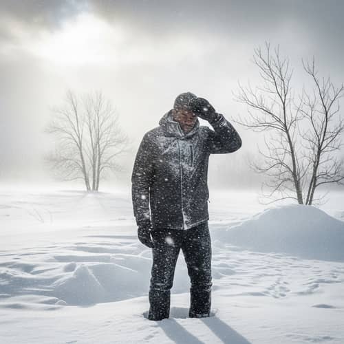 Winter Attire: Black Man Shielding Face from Cold Wind