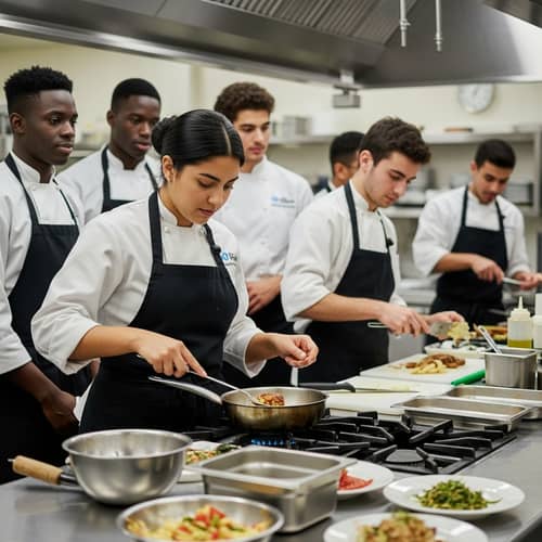 Young Hispanic Female Chef Cooking in Culinary Institute Kitchen