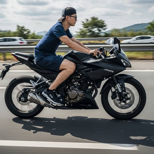 Slim Man Riding Black 200cc Speed Motorcycle on Highway