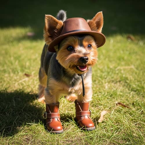 Adorable Yorkshire Terrier in Boots and Hat on Grass