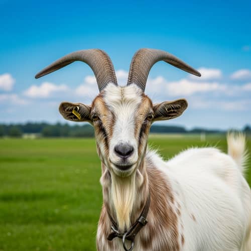 Happy Domestic Goat with Patchy Coat | Tranquil Countryside Scene