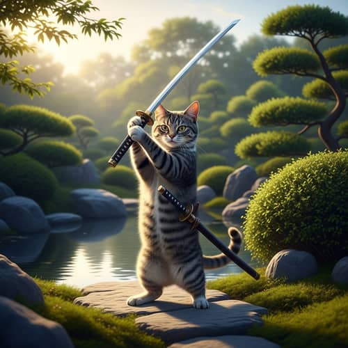 Determined Samurai Cat In Tranquil Japanese Garden