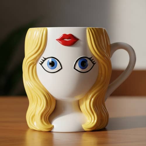 Anthropomorphic Cup with Blue Eyes, Blonde Hair, Red Lips