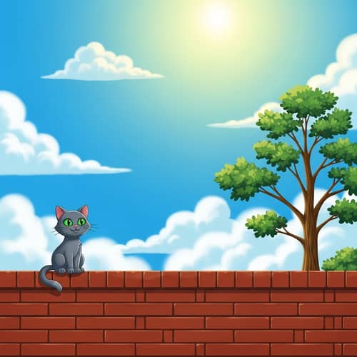 Colorful Cartoon Scene: Grey Cat on Red Brick Wall with Oak Tree and Blue Sky