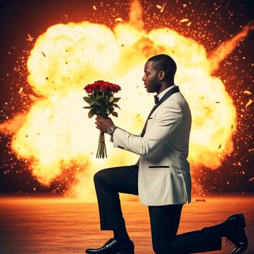 Passionate Proposal Scene with White Tuxedo Man