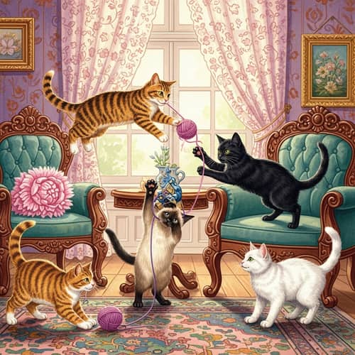 Vibrant Watercolor Painting of Playful Cats in Victorian Parlor