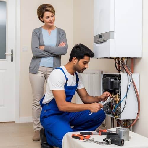 Intrigued Middle-Aged Woman Watching South Asian Heating System Installer