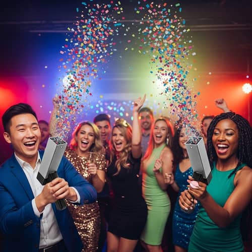 New Year's Eve Party Scene with Eco-Friendly Confetti Cannons