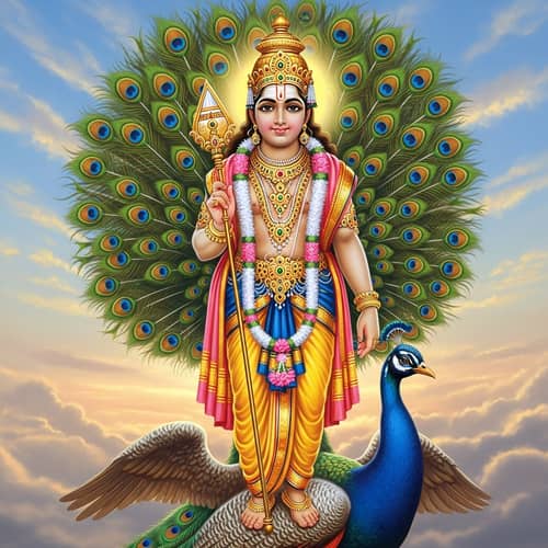 Lord Subramanya: Divine Figure on Peacock with Spear
