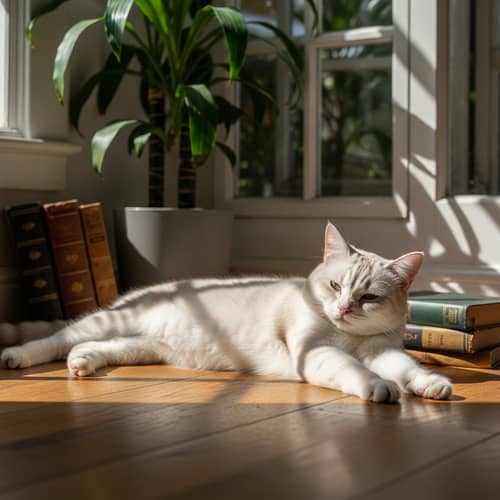 Serenity of a White Cat Stretching in Sunbeams