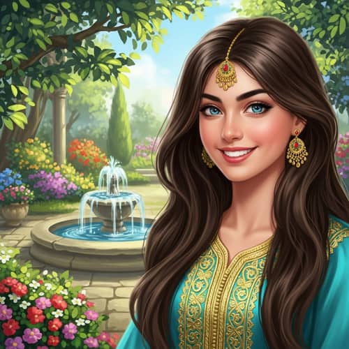 Beautiful Middle-Eastern Teenage Girl with Brunette Hair in Embroidered Gown
