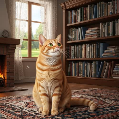 Radiant Ginger Cat on Woven Rug | Tranquil Living Room Scene