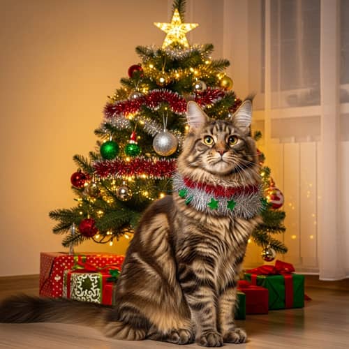 Festive Mainecoon Cat by Christmas Tree