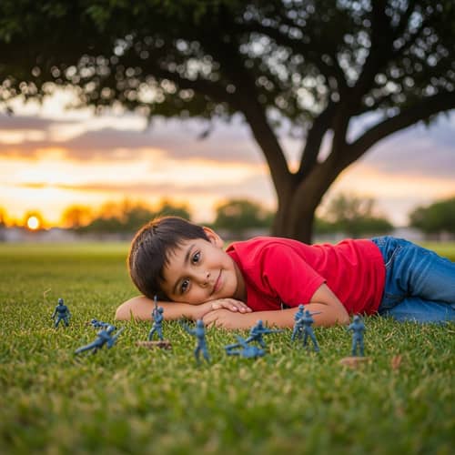 Innocent Joy: Hispanic Boy's Imaginary Battle Triumph
