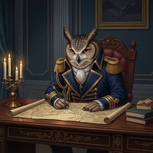 Regal Owl Studying Map in Elegant Navy Attire