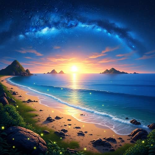 Majestic Beach Scene at Dusk | Golden Sunset & Celestial Skies
