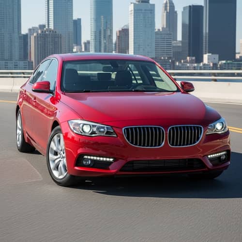 Vibrant Red Sedan Driving Through Urban Landscape