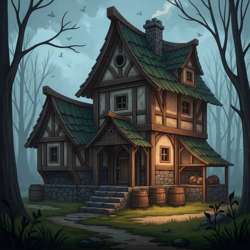Dark Magic Medieval Townhouse Illustration in Eerie Eastern European Setting