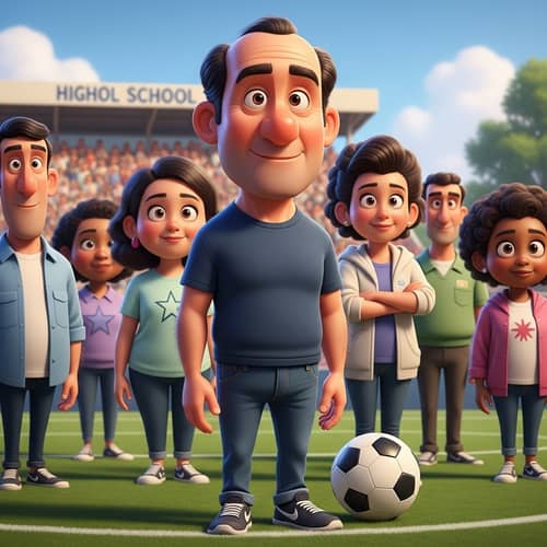 Pixar-style Middle-Aged Man at High School Soccer Game